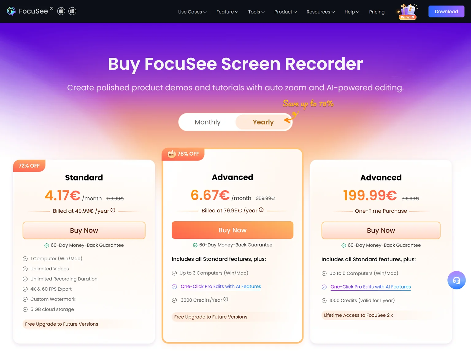 FocuSee pricing page showing the Standard, Advanced and one-time Advanced plans with yearly billing