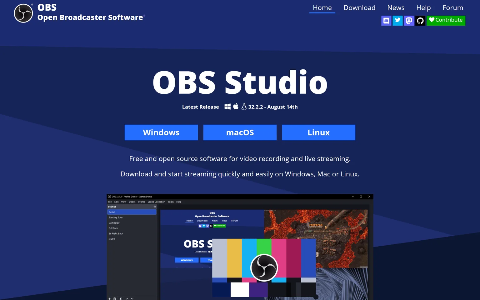 OBS Studio homepage with download buttons for Windows, macOS and Linux