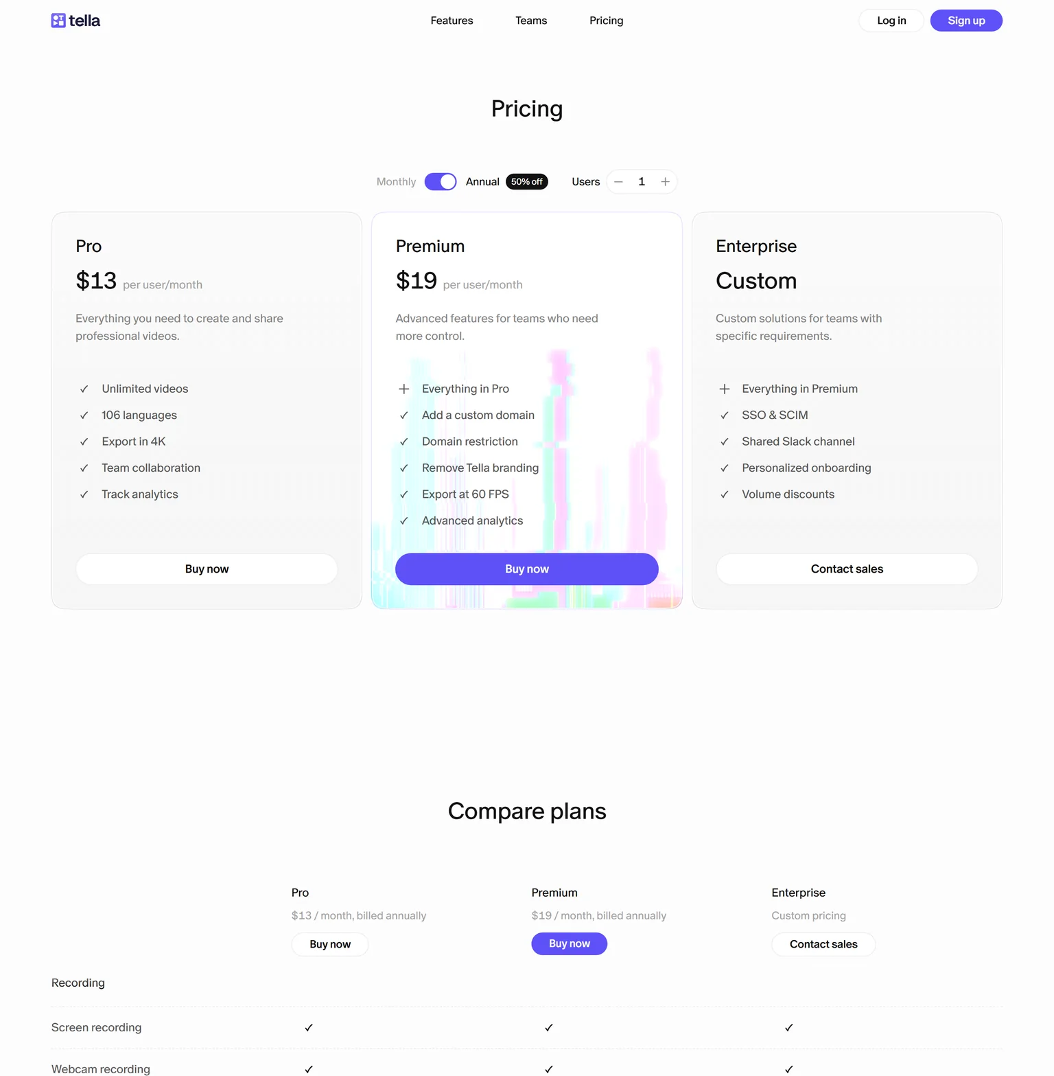 Tella pricing page showing the Pro, Premium and Enterprise plans with annual billing