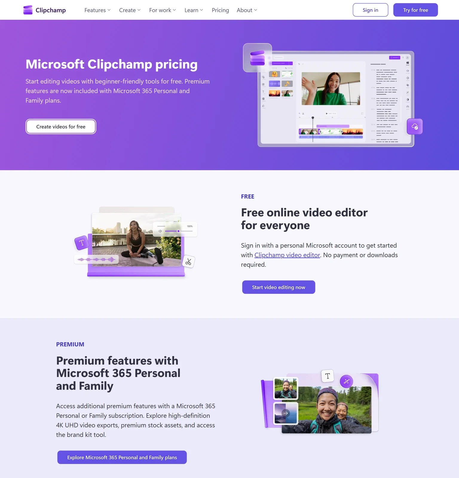 Clipchamp pricing page describing the free editor and premium features with Microsoft 365 Personal and Family