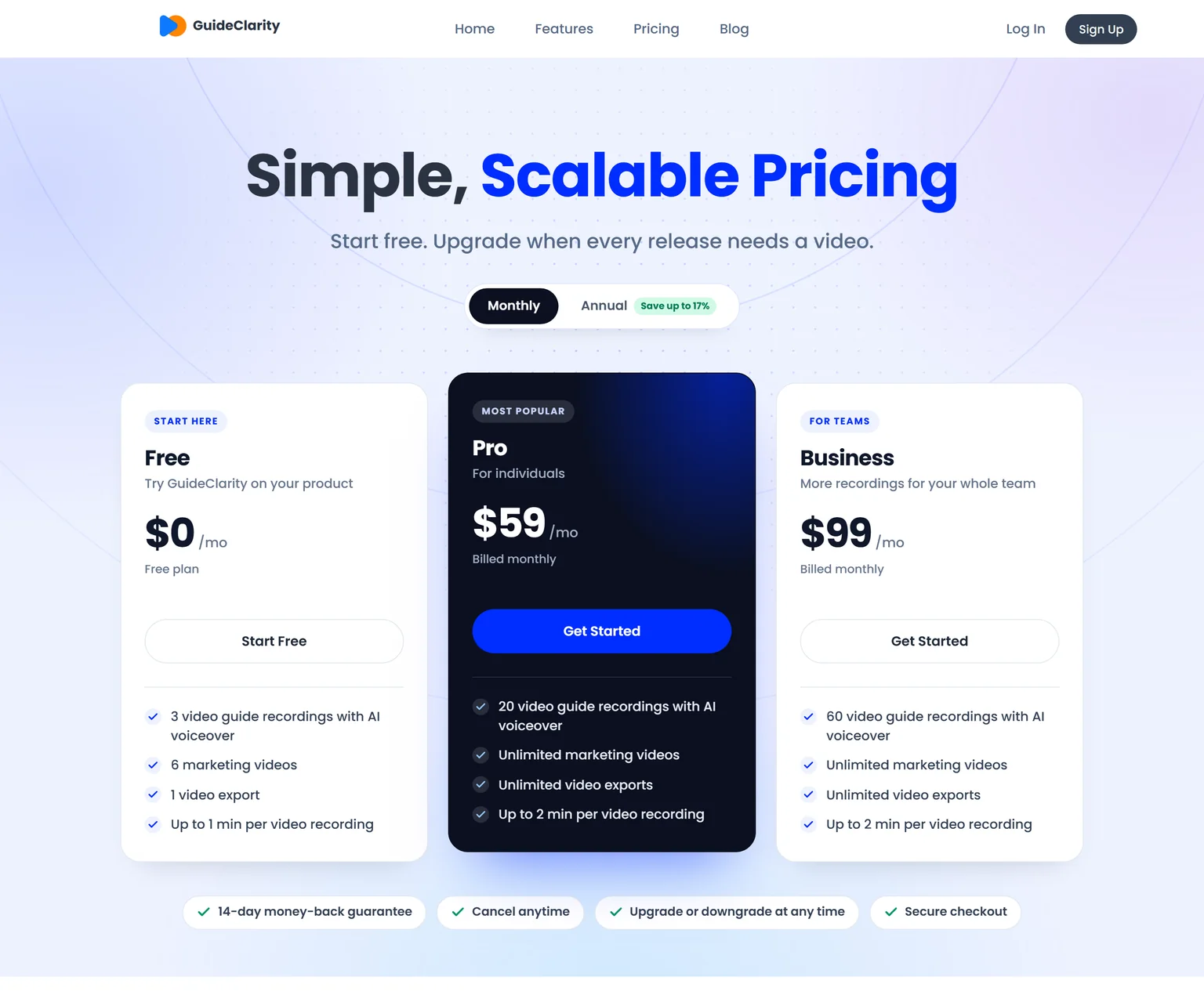 GuideClarity pricing page with the Free, Pro and Business plans