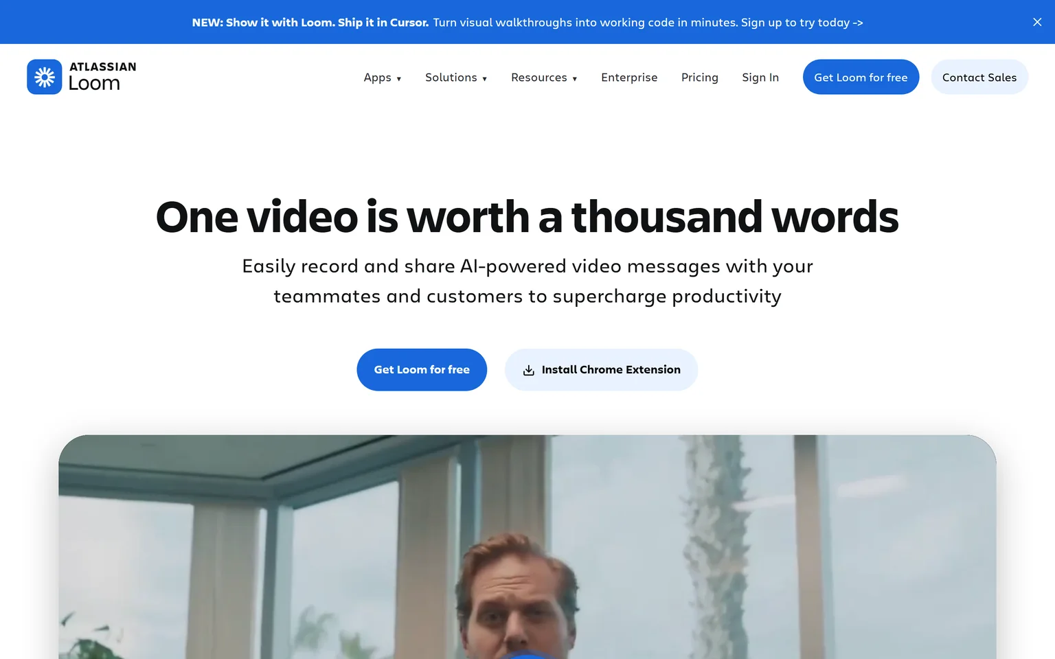 Loom homepage with the headline One video is worth a thousand words