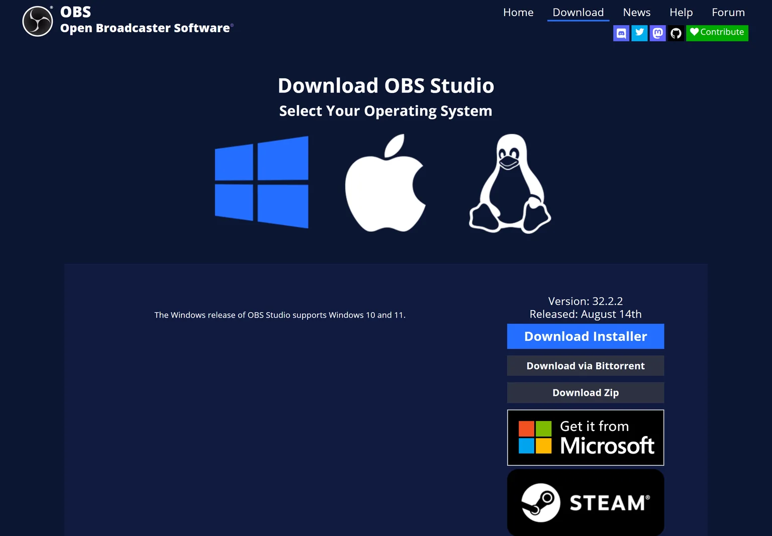 OBS Studio download page with installers for Windows, macOS and Linux