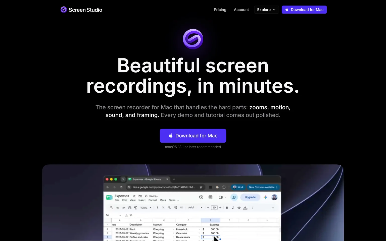 Screen Studio homepage with the headline Beautiful screen recordings, in minutes
