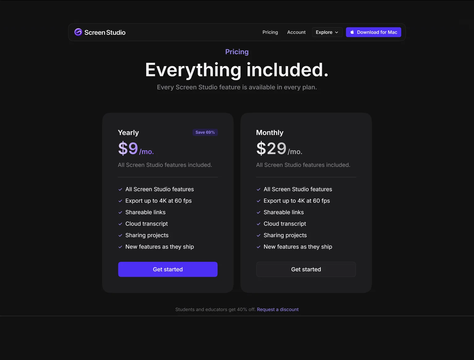 Screen Studio pricing section showing the Yearly plan at $9 a month and the Monthly plan at $29 a month