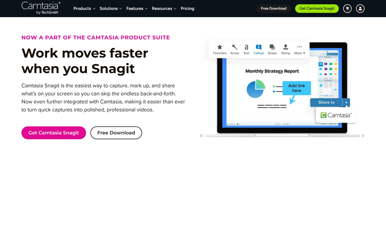 Snagit homepage with the headline Work moves faster when you Snagit