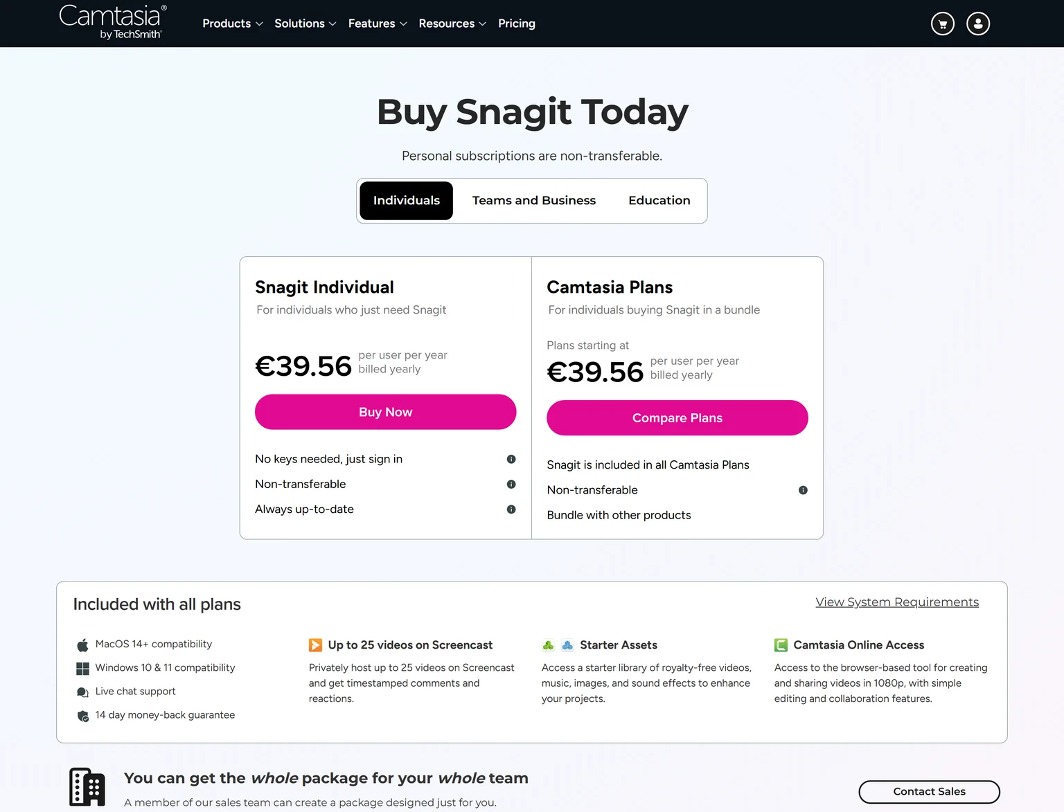 Snagit store page showing Snagit Individual and Camtasia plans in euros per user per year