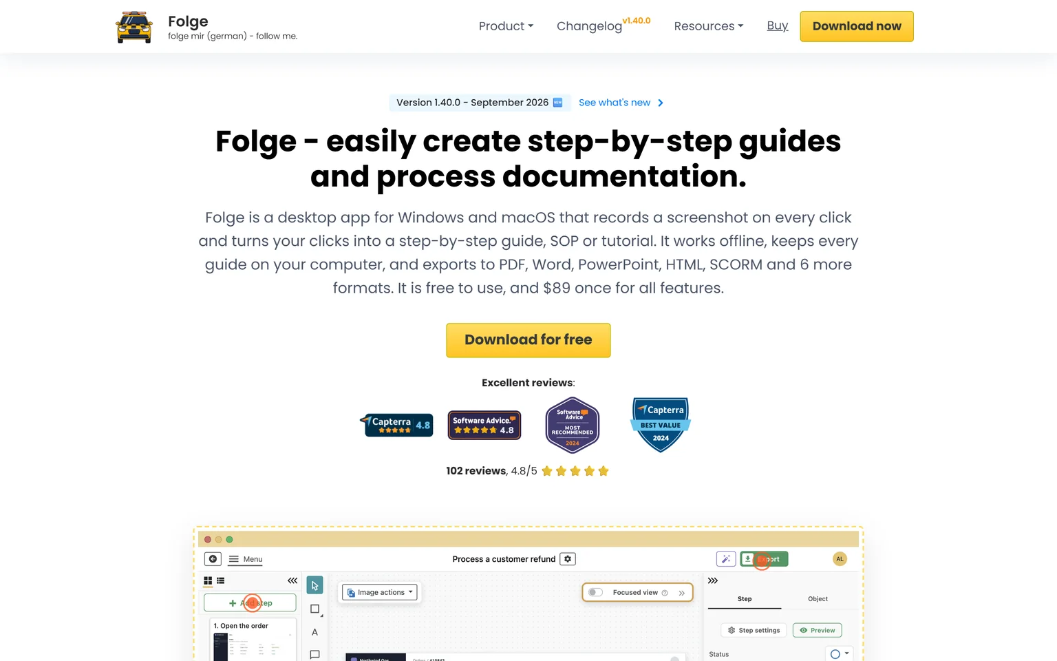 Folge homepage with the headline about easily creating step-by-step guides and process documentation