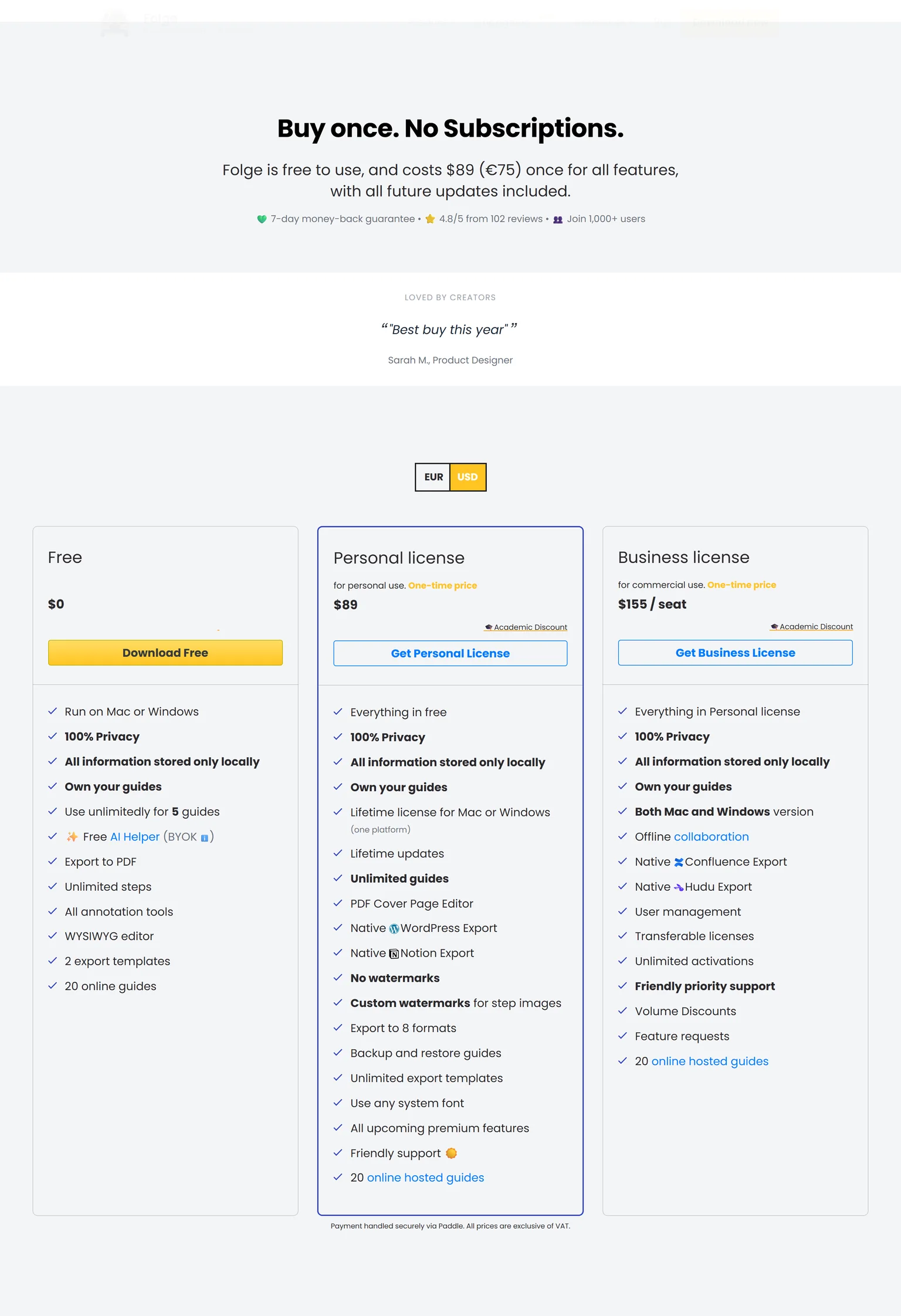 Folge buy page showing the Free, Personal and Business licenses with one-time prices