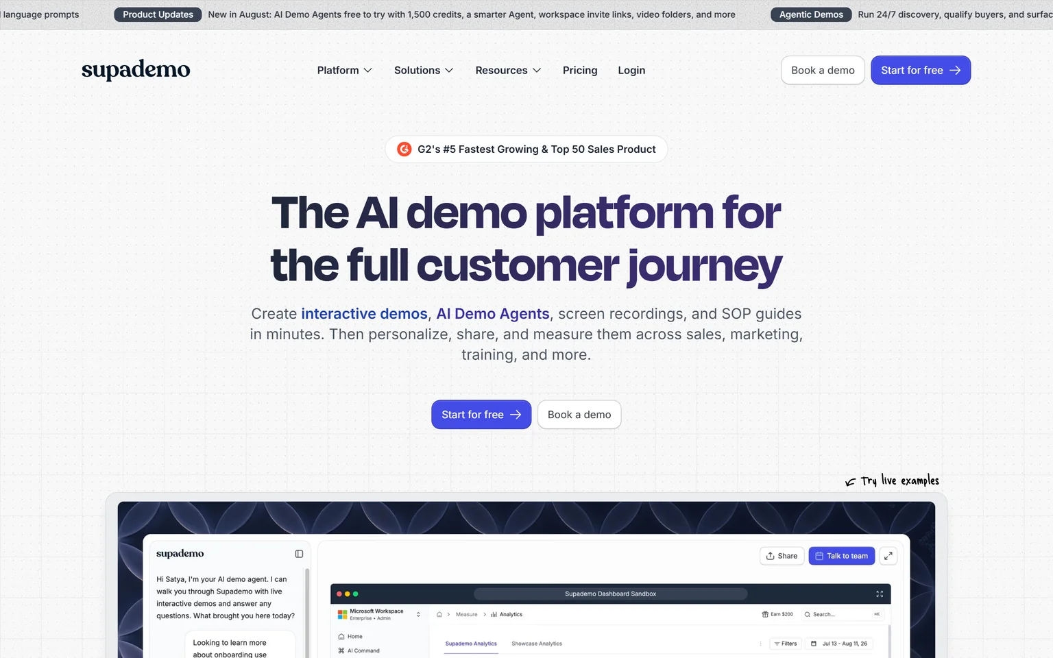 Supademo homepage with the headline The AI demo platform for the full customer journey