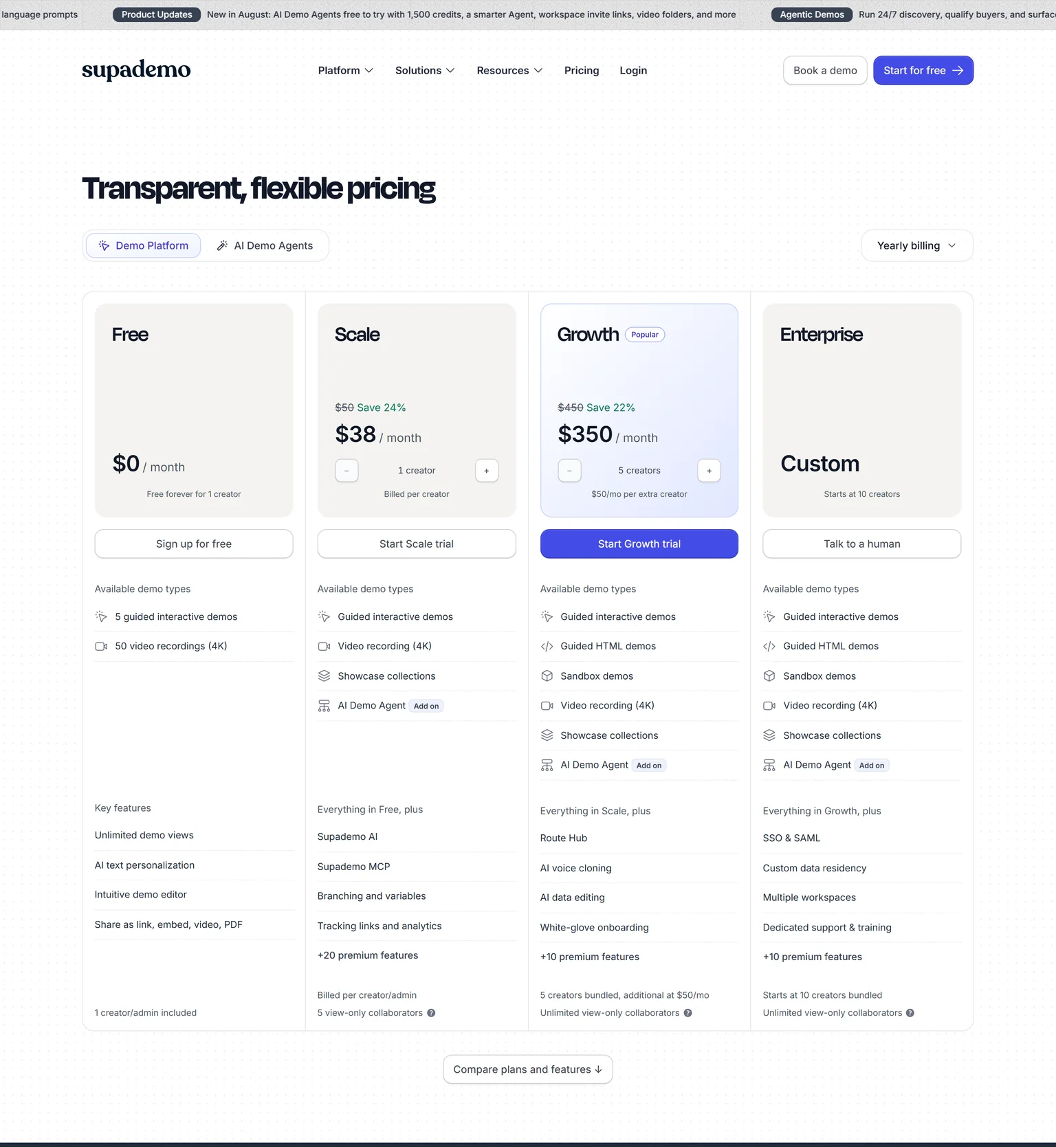 Supademo pricing page showing the Free, Scale, Growth and Enterprise plans with yearly billing