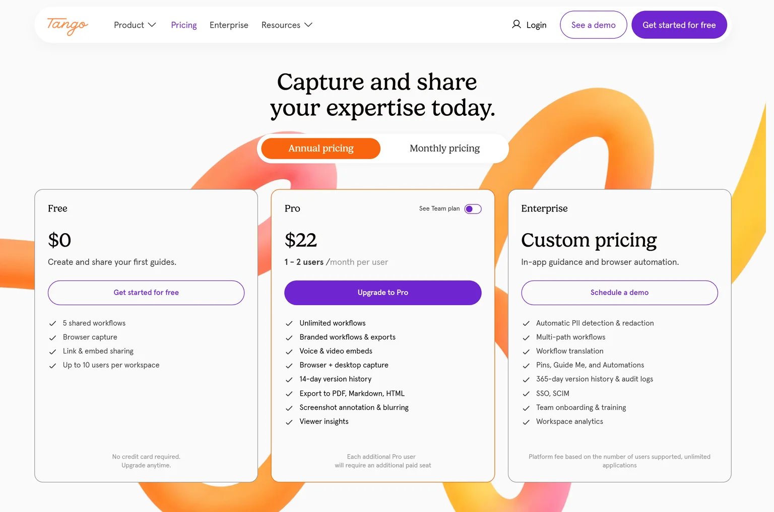 Tango pricing page showing the Free, Pro and Enterprise plans with annual pricing