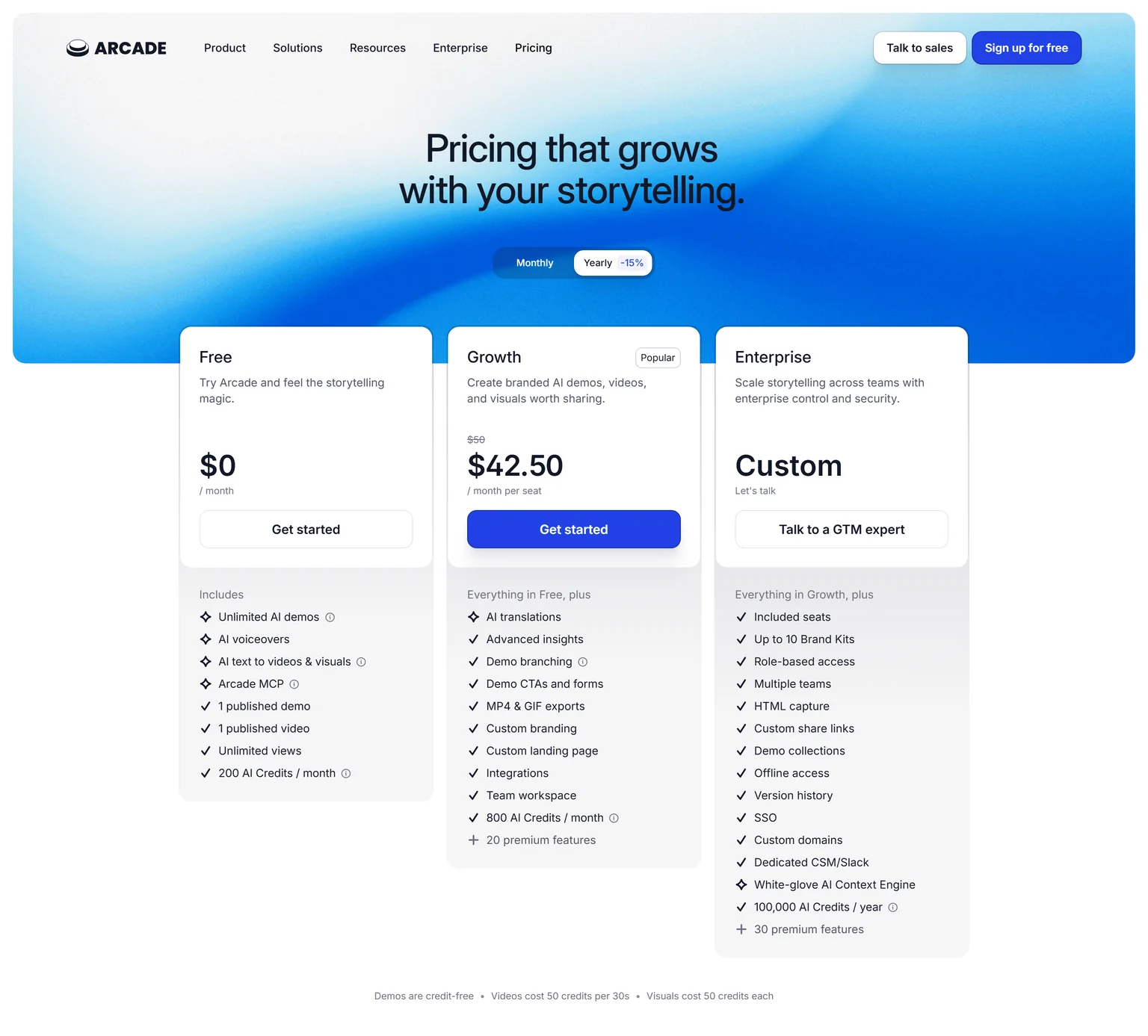 Arcade pricing page showing the Free, Growth and Enterprise plans with yearly billing selected