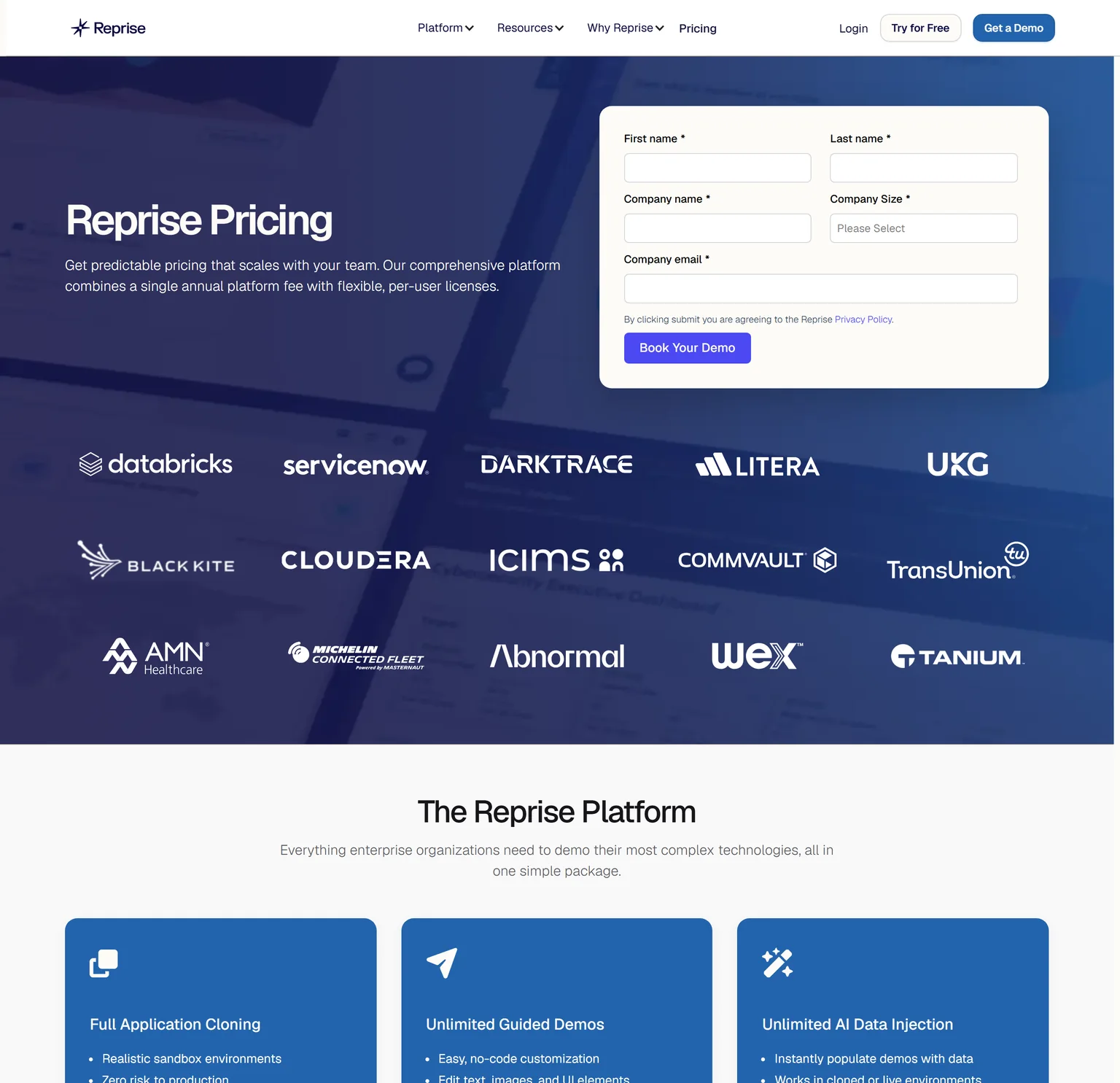Reprise pricing page describing an annual platform fee with per-user licenses and a demo request form