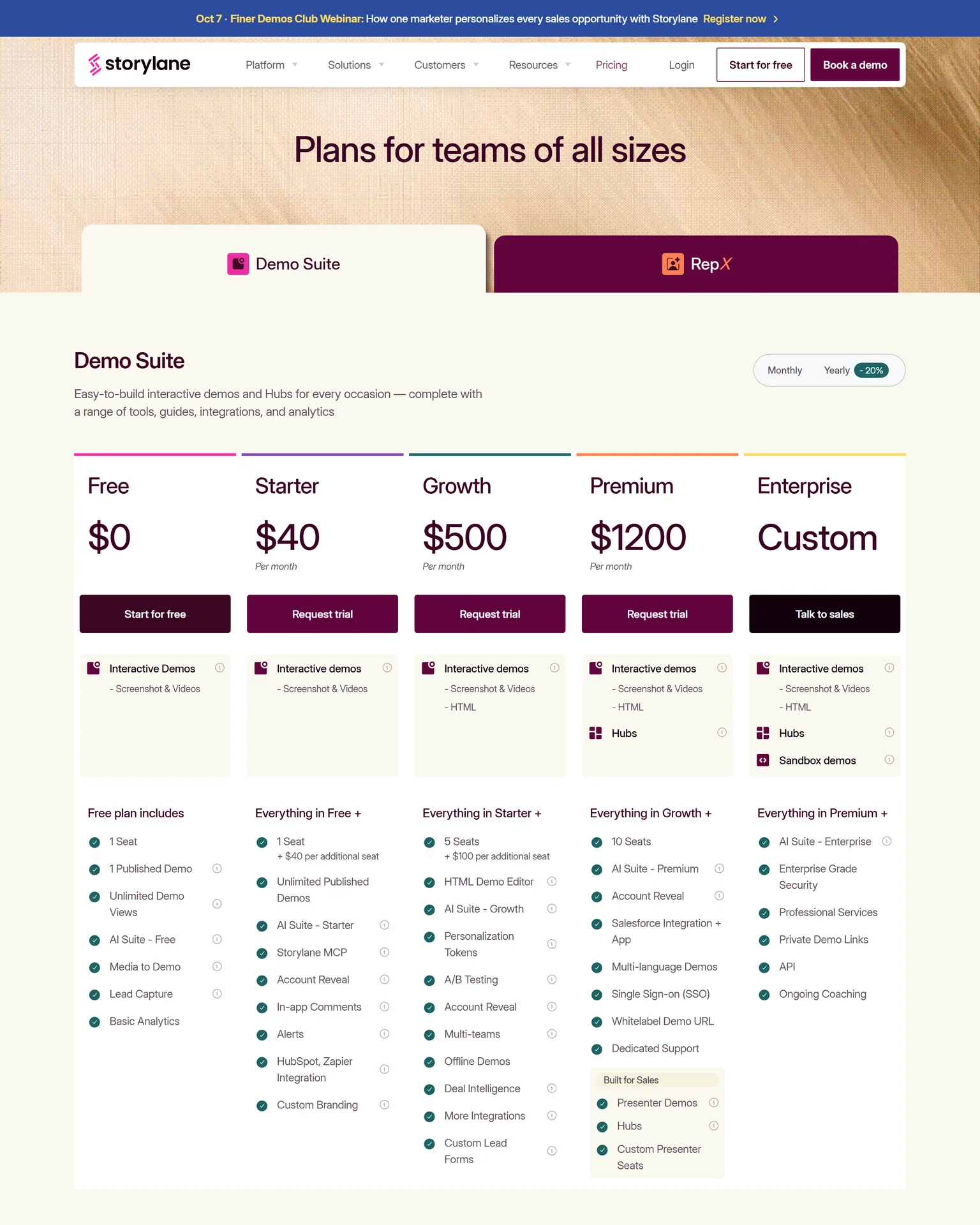 Storylane pricing page showing the Free, Starter, Growth, Premium and Enterprise plans with yearly billing