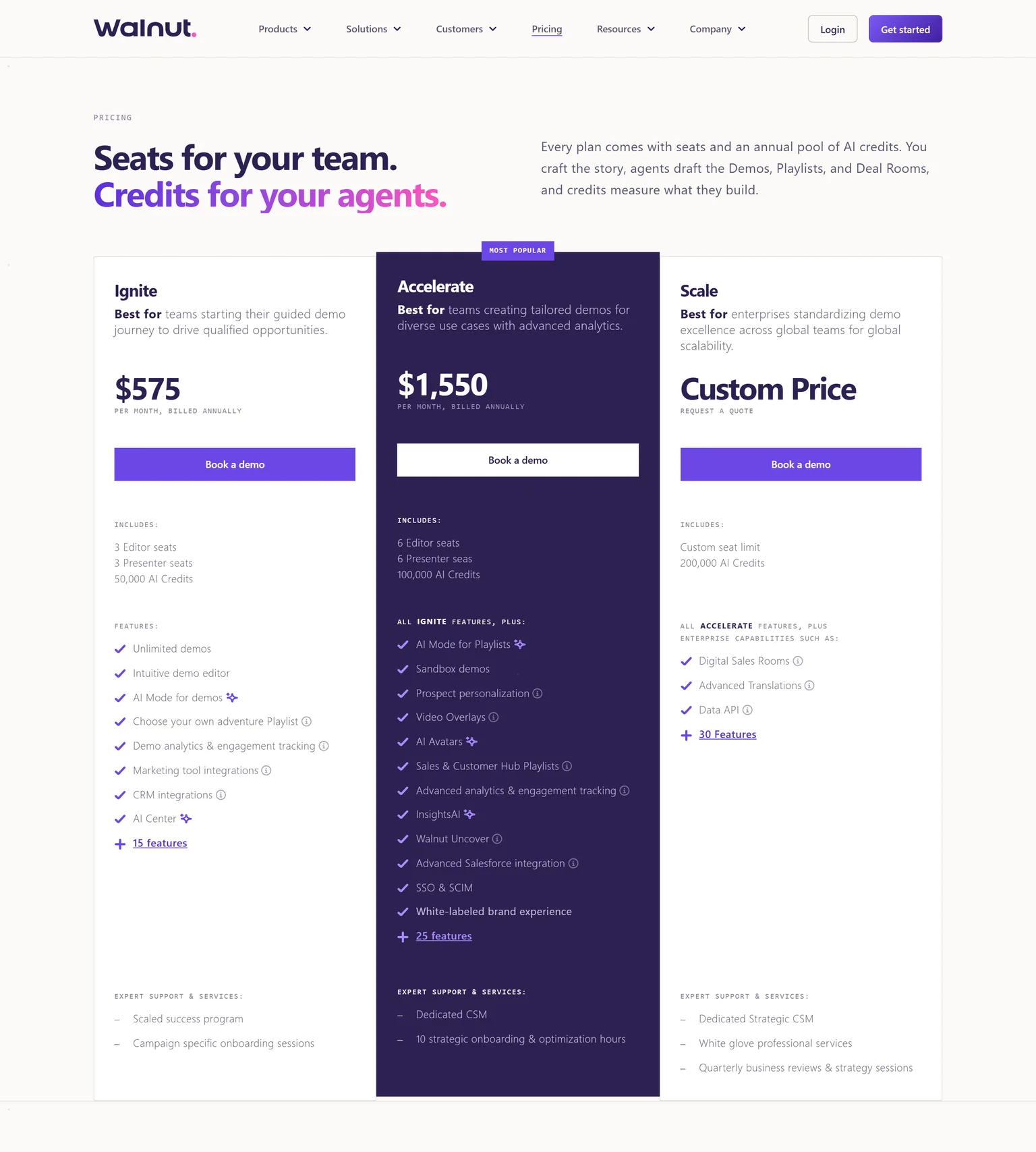 Walnut pricing page showing the Ignite, Accelerate and Scale plans