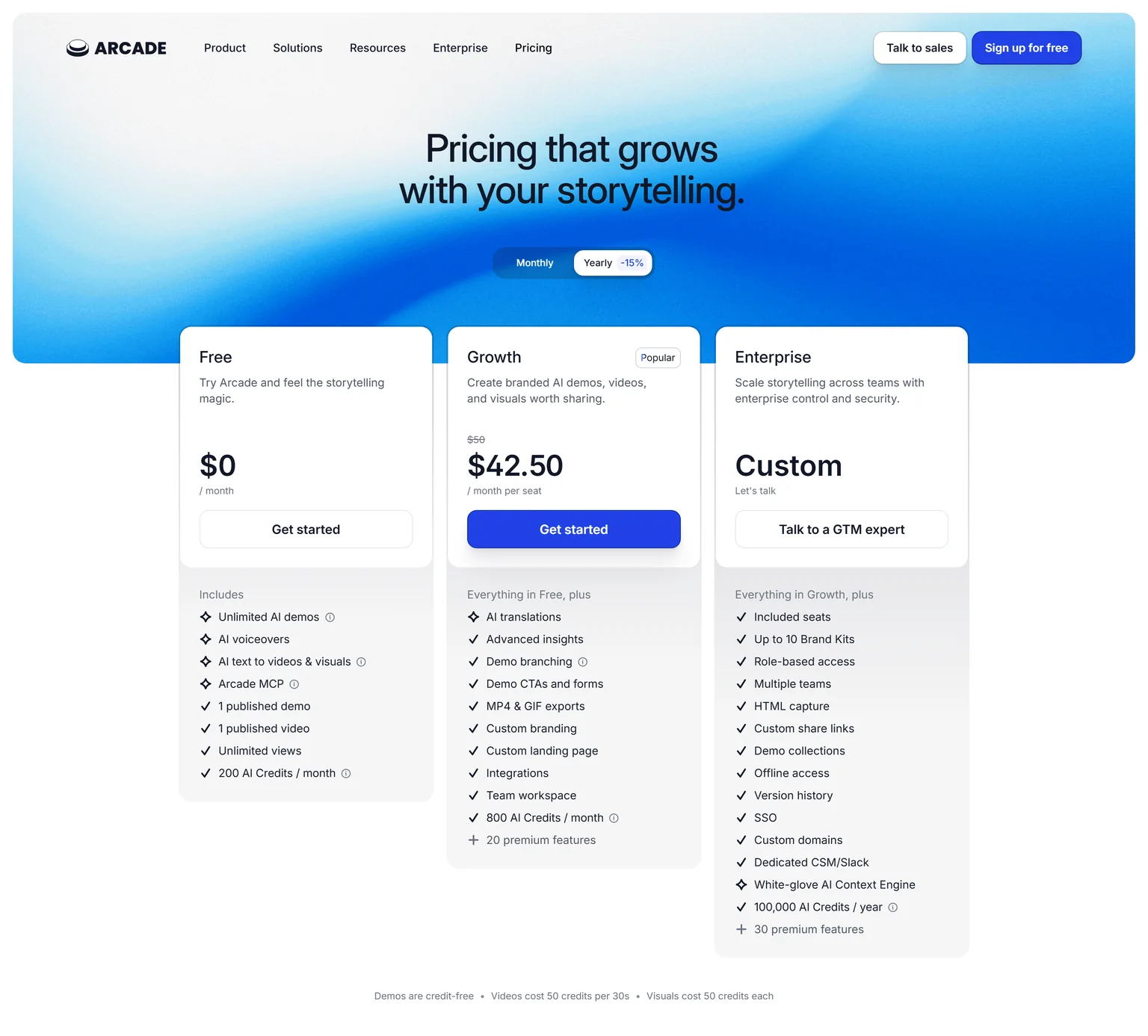 Arcade pricing page showing the Free, Growth and Enterprise plans with yearly billing selected