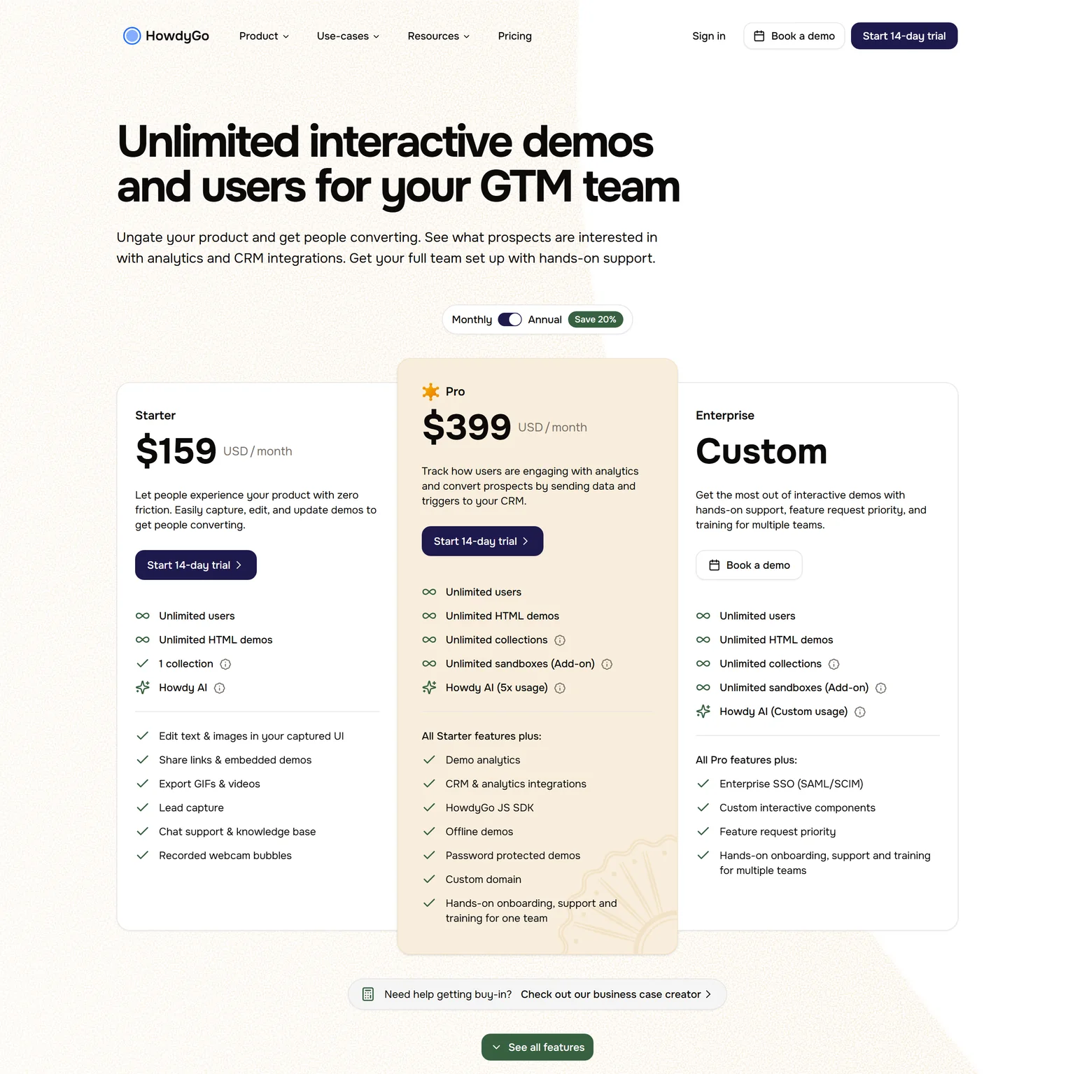 HowdyGo pricing page showing the Starter, Pro and Enterprise plans with annual billing