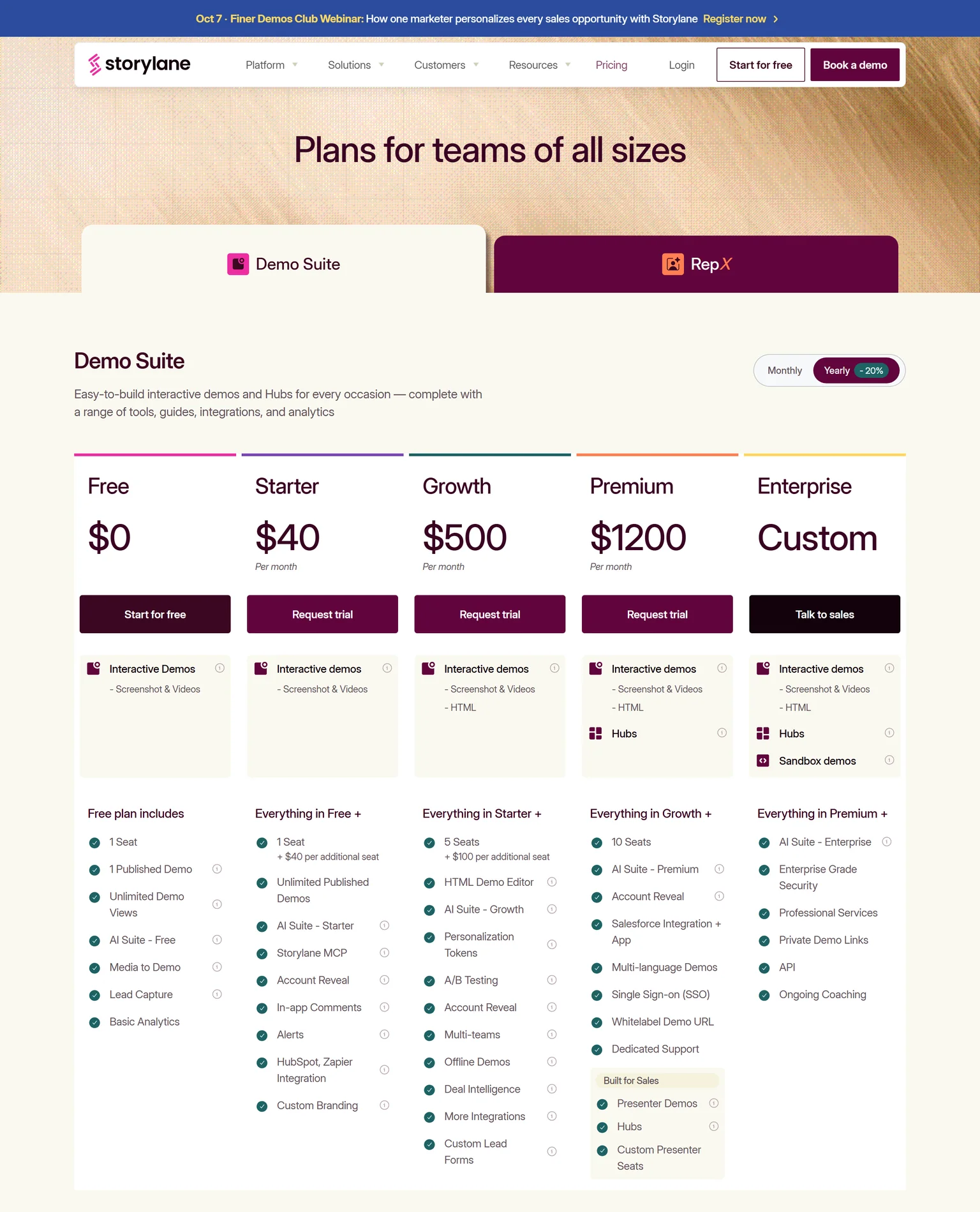 Storylane pricing page showing the Free, Starter, Growth, Premium and Enterprise plans with yearly billing