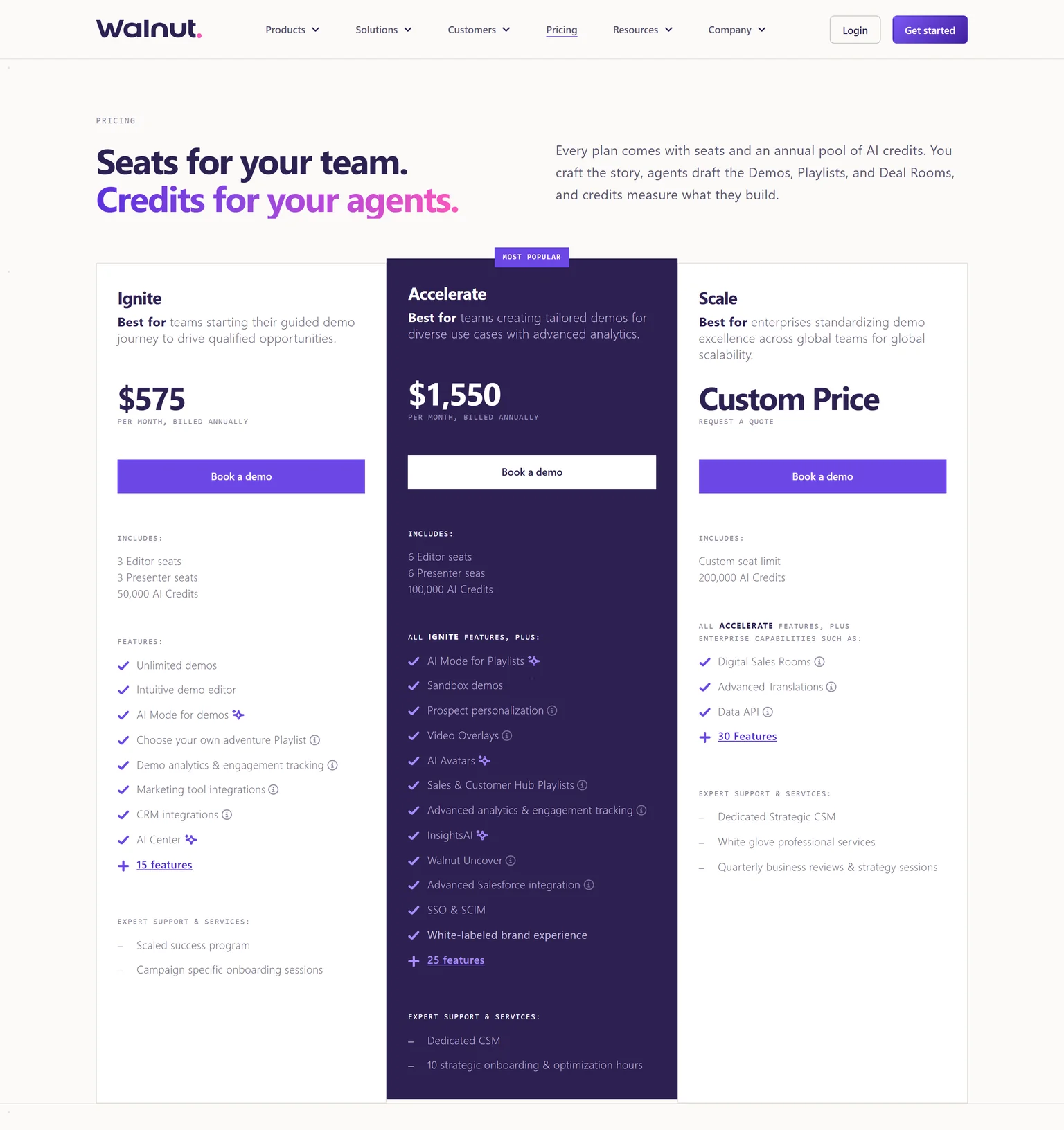 Walnut pricing page showing the Ignite, Accelerate and Scale plans