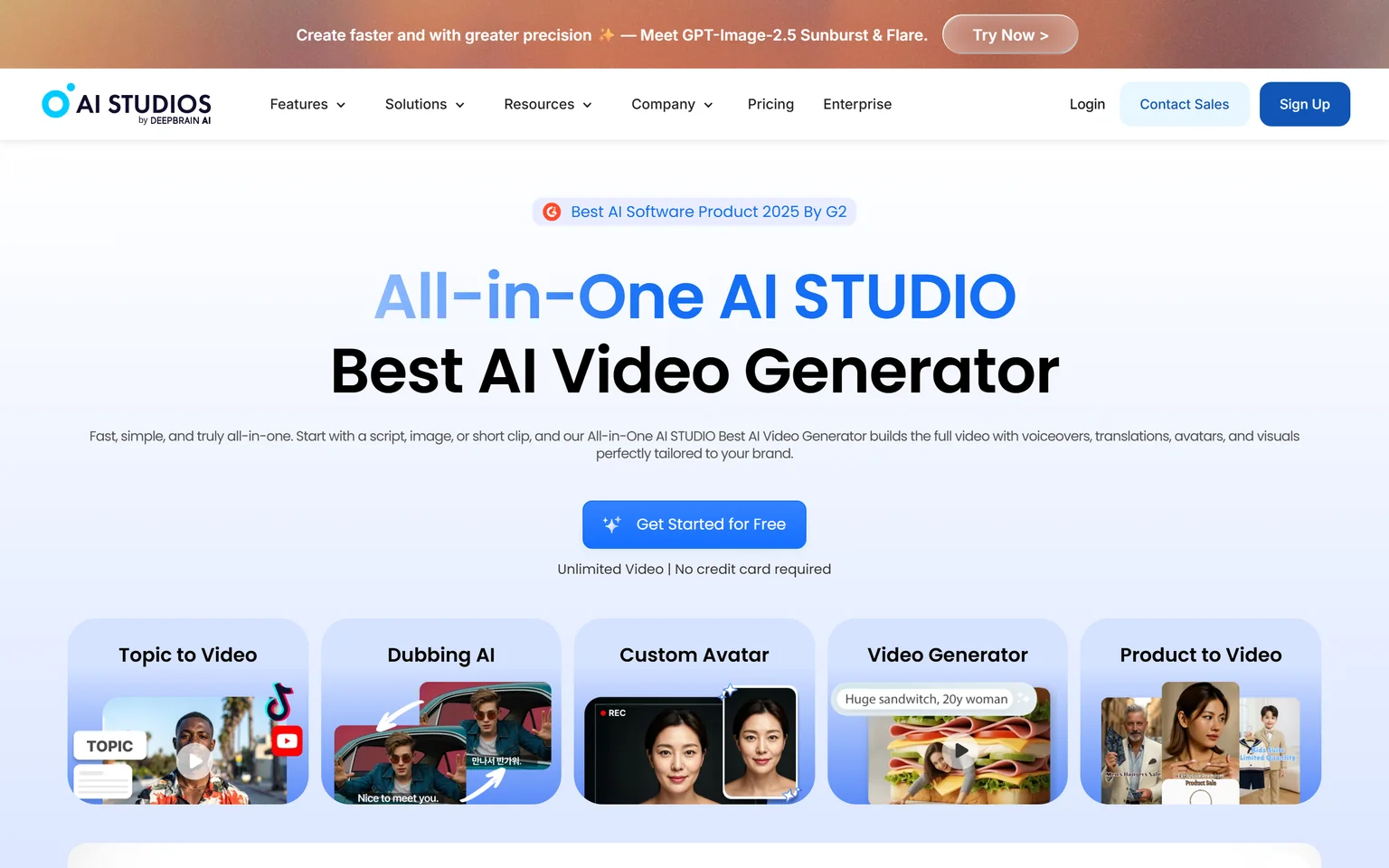 AI Studios homepage with the headline All-in-One AI Studio Best AI Video Generator