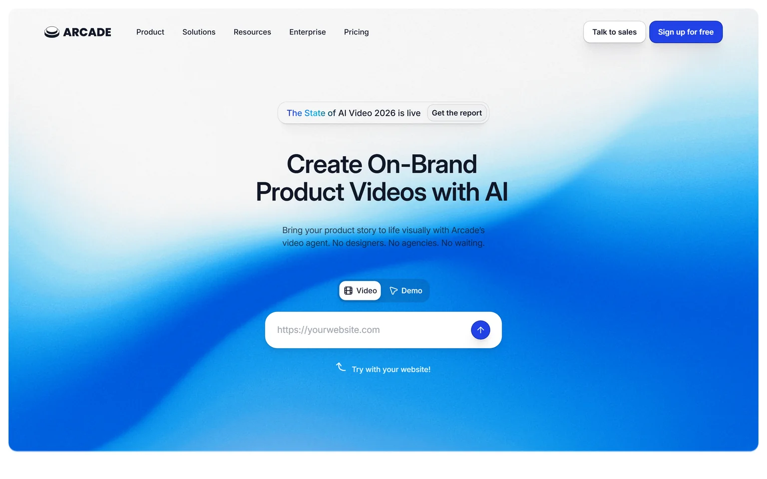 Arcade homepage with the headline Create On-Brand Product Videos with AI