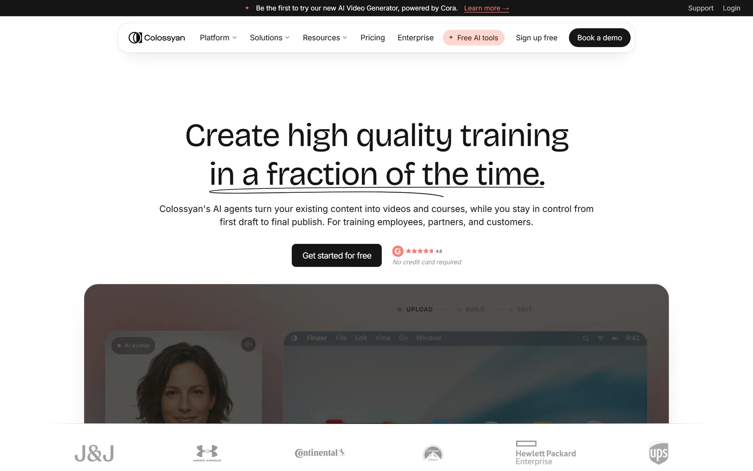Colossyan homepage with the headline Create high quality training in a fraction of the time