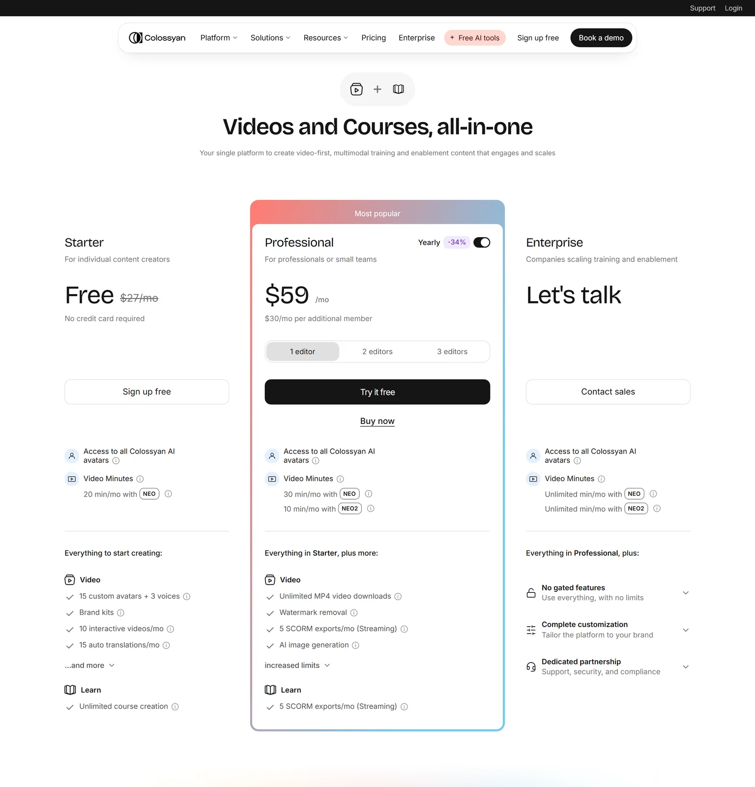 Colossyan pricing page showing the Starter, Professional and Enterprise plans