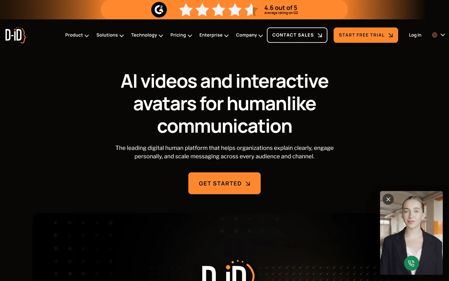 D-ID homepage with the headline AI videos and interactive avatars for humanlike communication