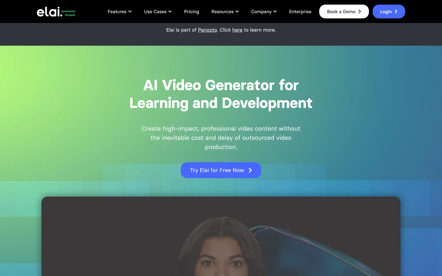 Elai homepage with the headline AI Video Generator for Learning and Development