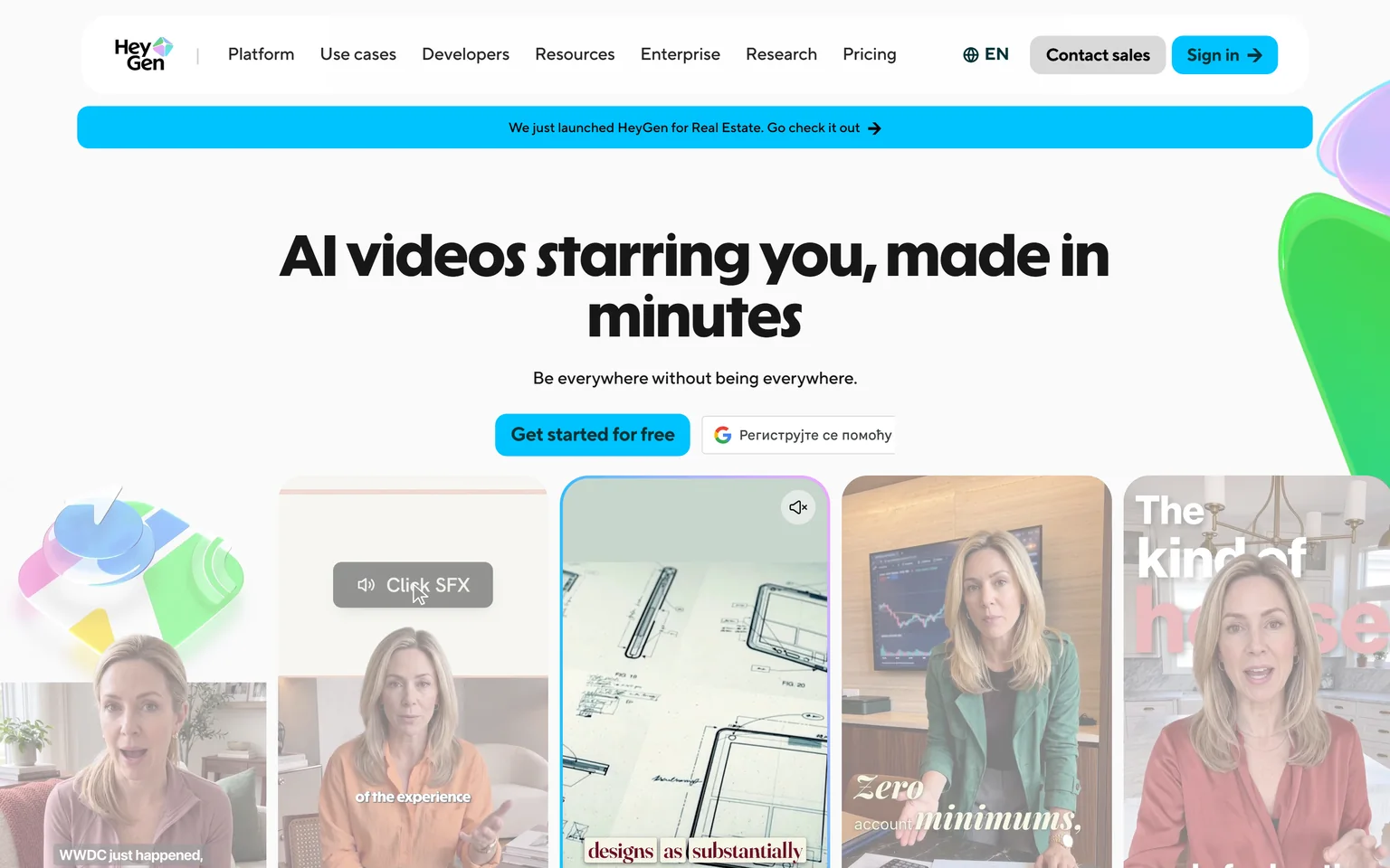 HeyGen homepage with the headline AI videos starring you, made in minutes