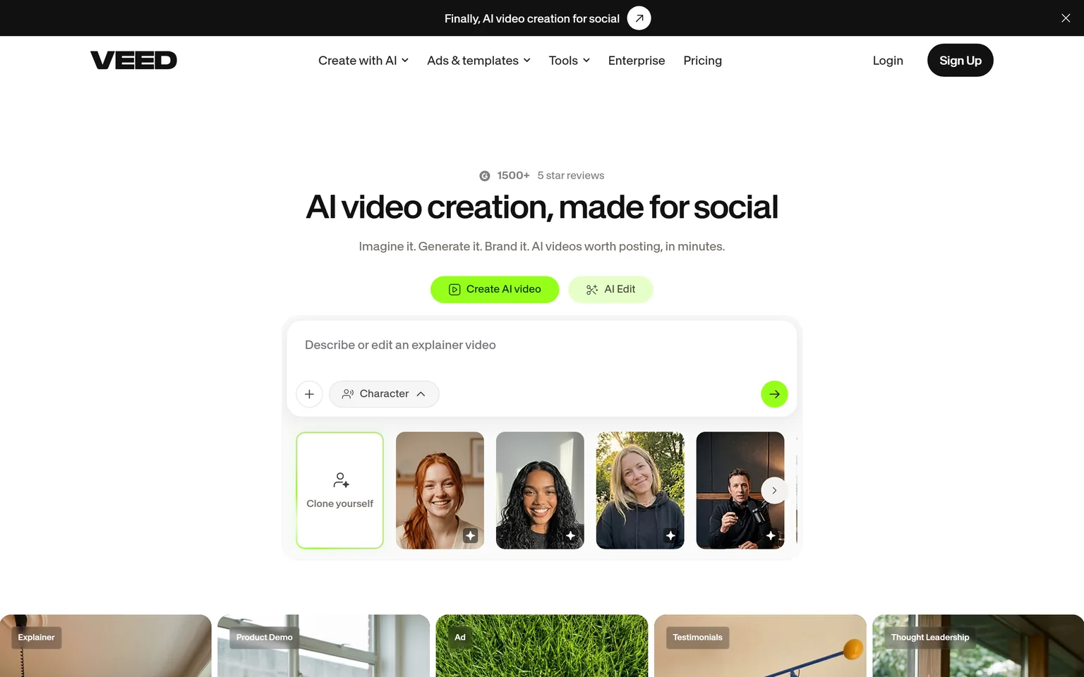 Veed homepage with the headline AI video creation, made for social