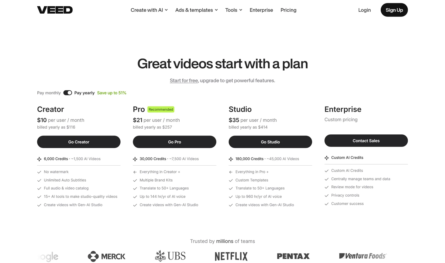 Veed pricing page showing the Creator, Pro, Studio and Enterprise plans with yearly billing