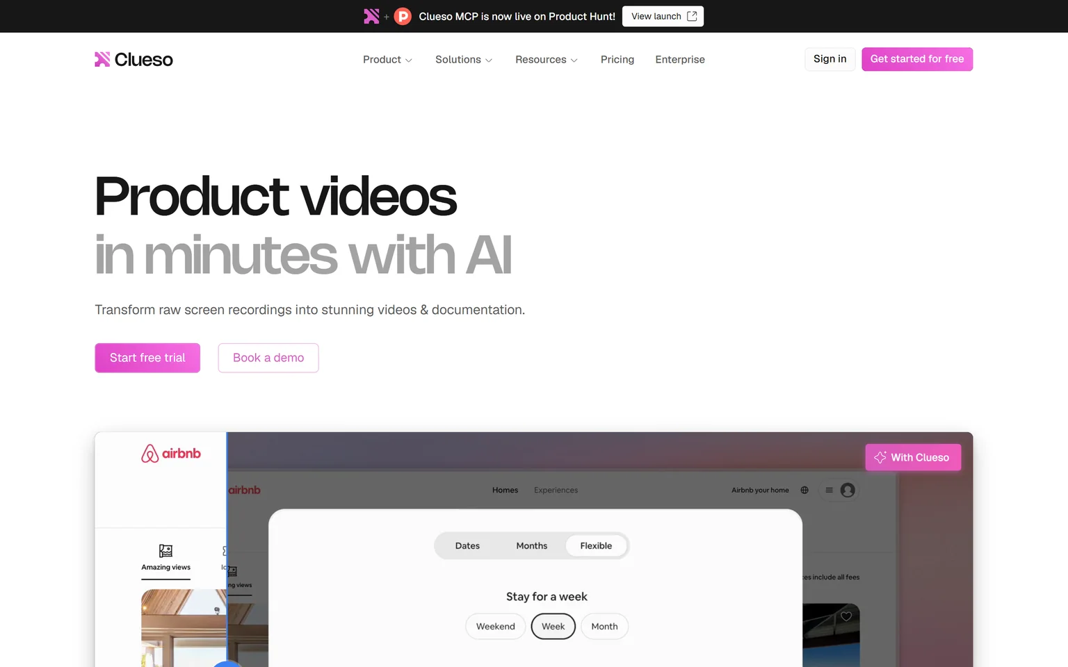 Clueso homepage with the headline Product videos in minutes with AI