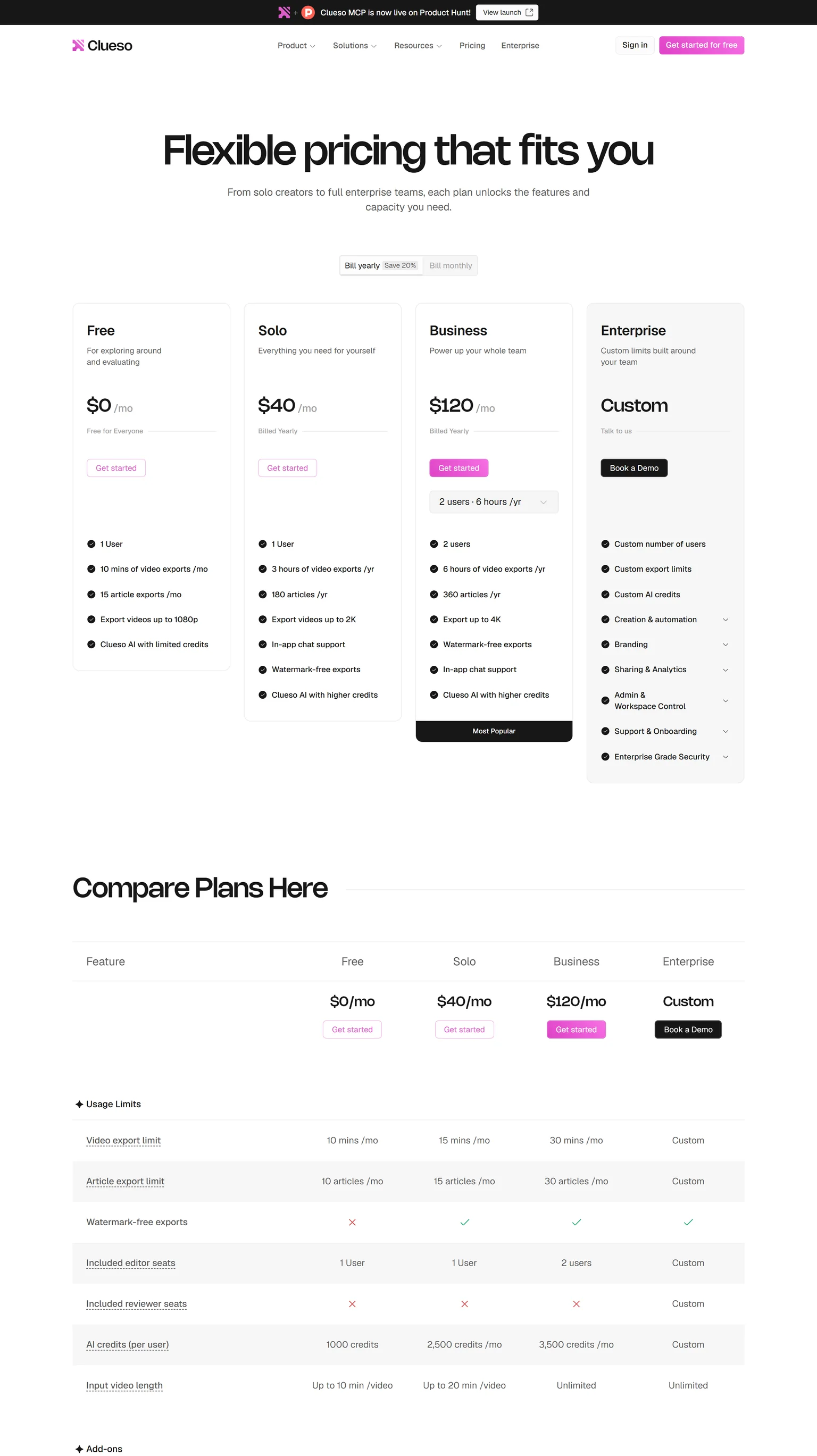 Clueso pricing page showing the Free, Solo, Business and Enterprise plans with yearly billing