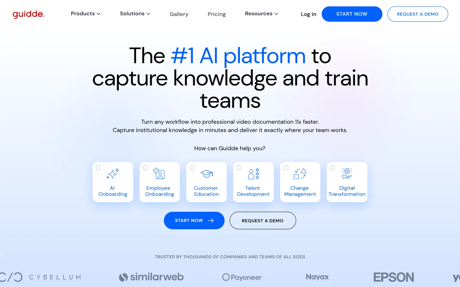 Guidde homepage with the headline The number one AI platform to capture knowledge and train teams