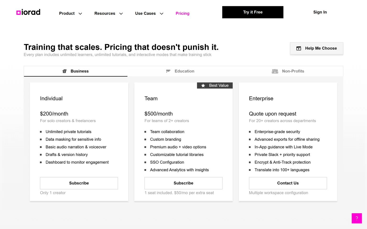 Iorad pricing page showing the Individual, Team and Enterprise plans for business