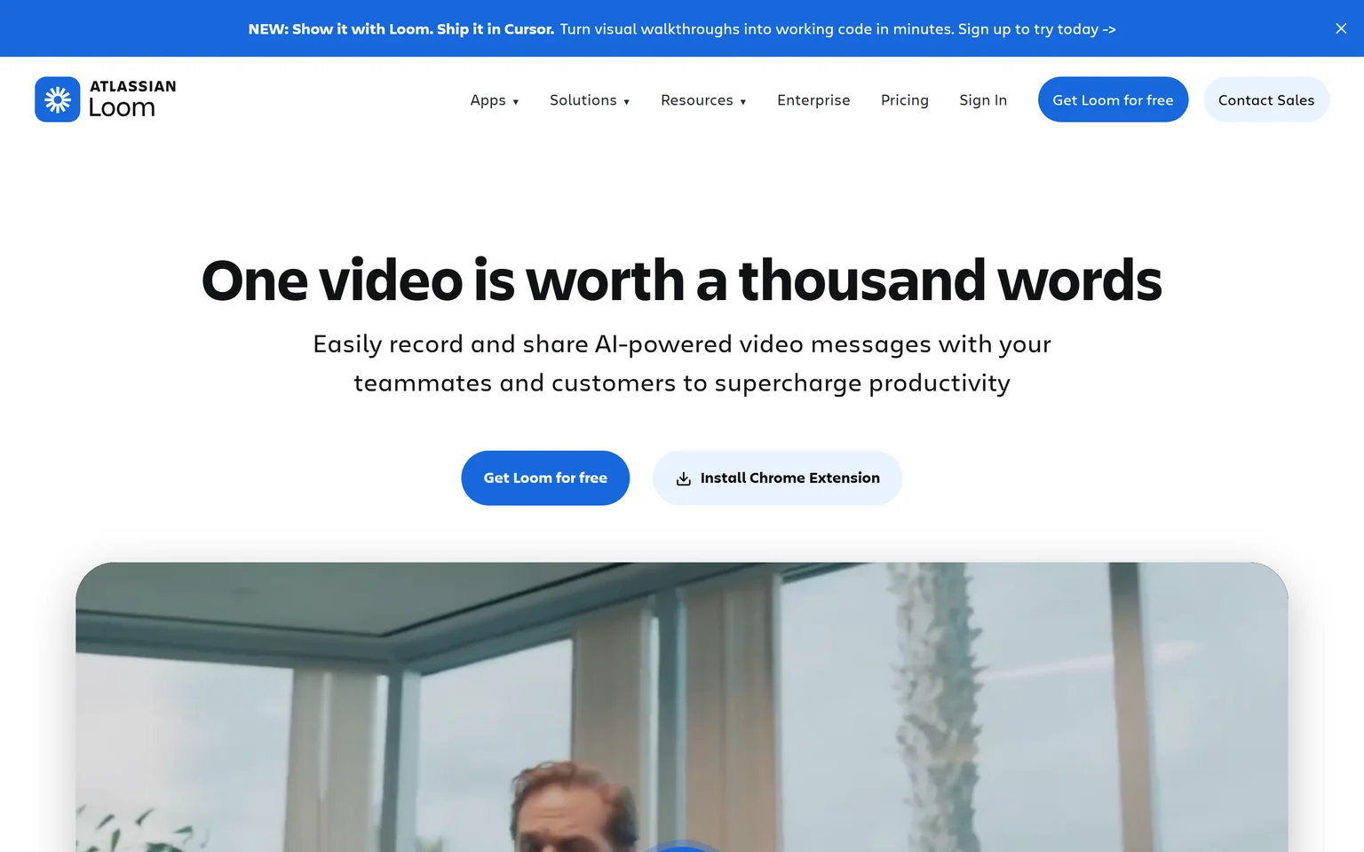 Loom homepage with the headline One video is worth a thousand words