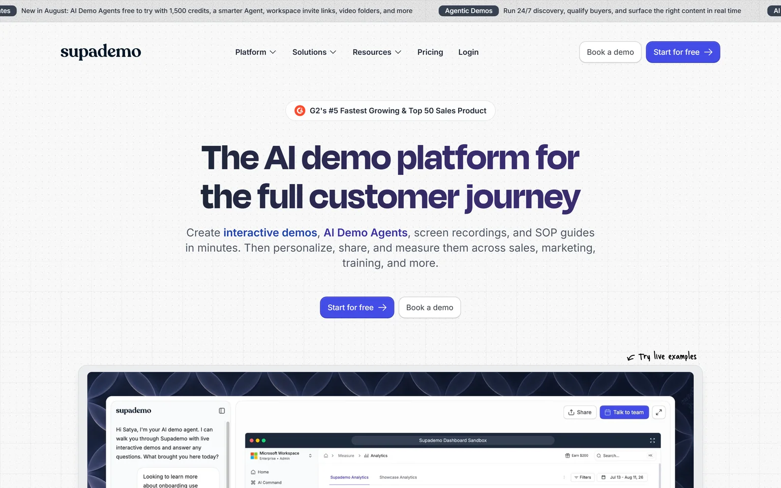Supademo homepage with the headline The AI demo platform for the full customer journey