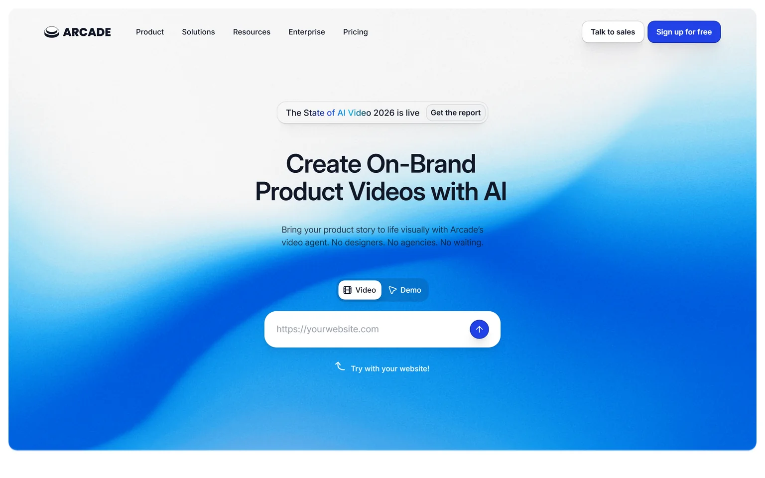 Arcade homepage with the headline Create On-Brand Product Videos with AI