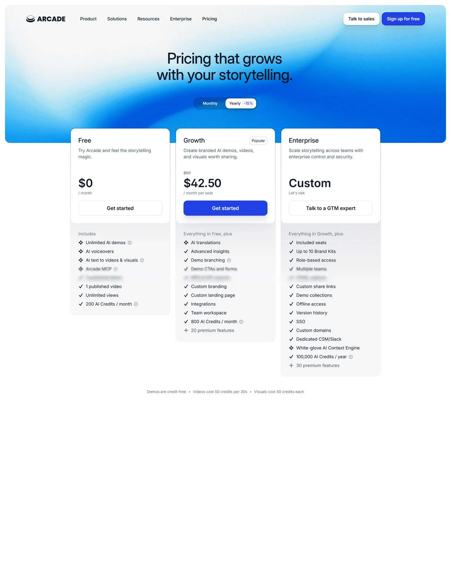 Arcade pricing page showing the Free, Growth and Enterprise plans with yearly billing
