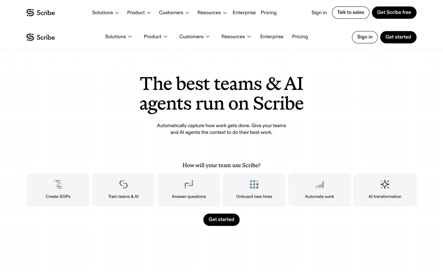 Scribe homepage with the headline The best teams and AI agents run on Scribe
