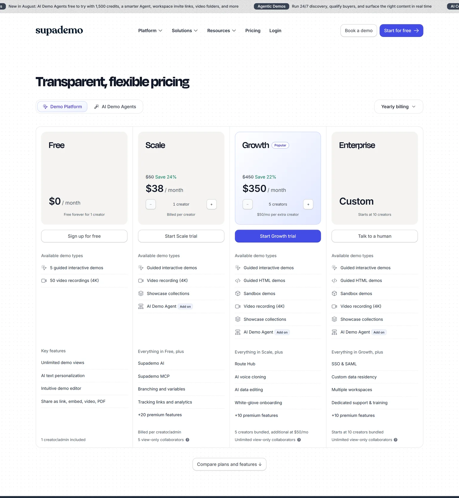 Supademo pricing page showing the Free, Scale, Growth and Enterprise plans with yearly billing