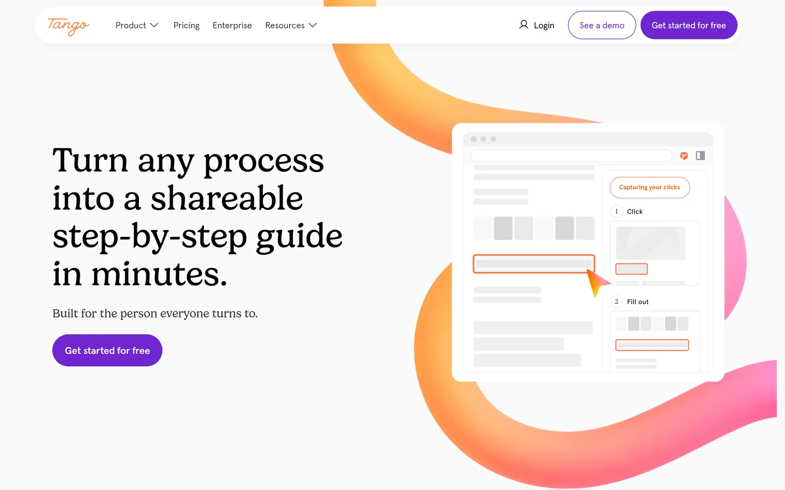 Tango homepage with the headline Turn any process into a shareable step-by-step guide in minutes