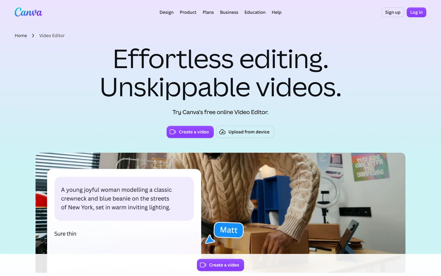 Canva video editor page with the headline Effortless editing. Unskippable videos.