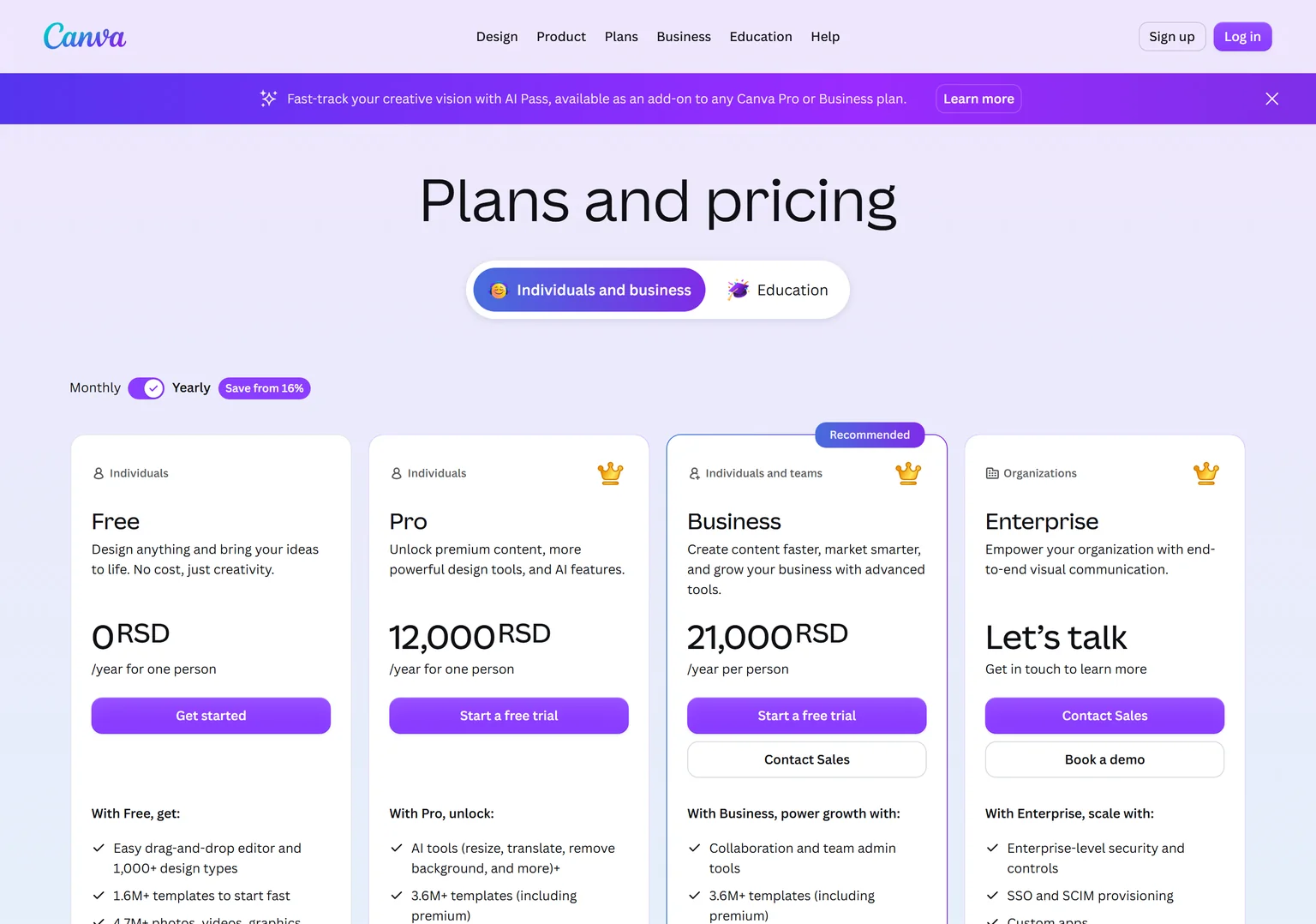 Canva pricing page showing the Free, Pro, Business and Enterprise plans in Serbian dinars per year