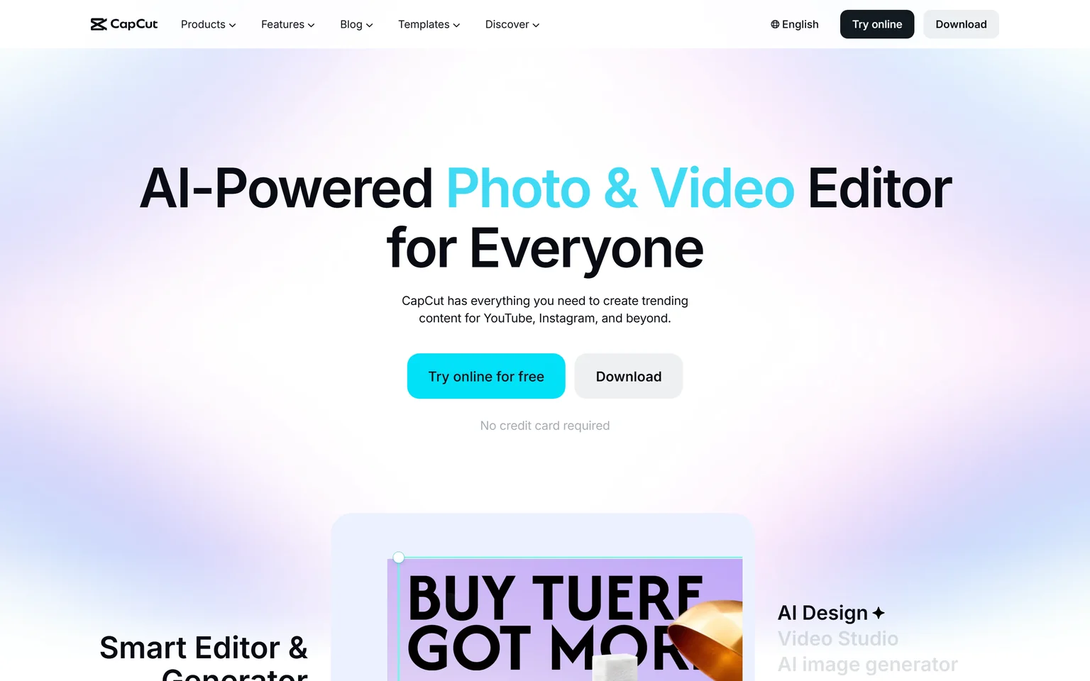CapCut homepage with the headline AI-Powered Photo and Video Editor for Everyone