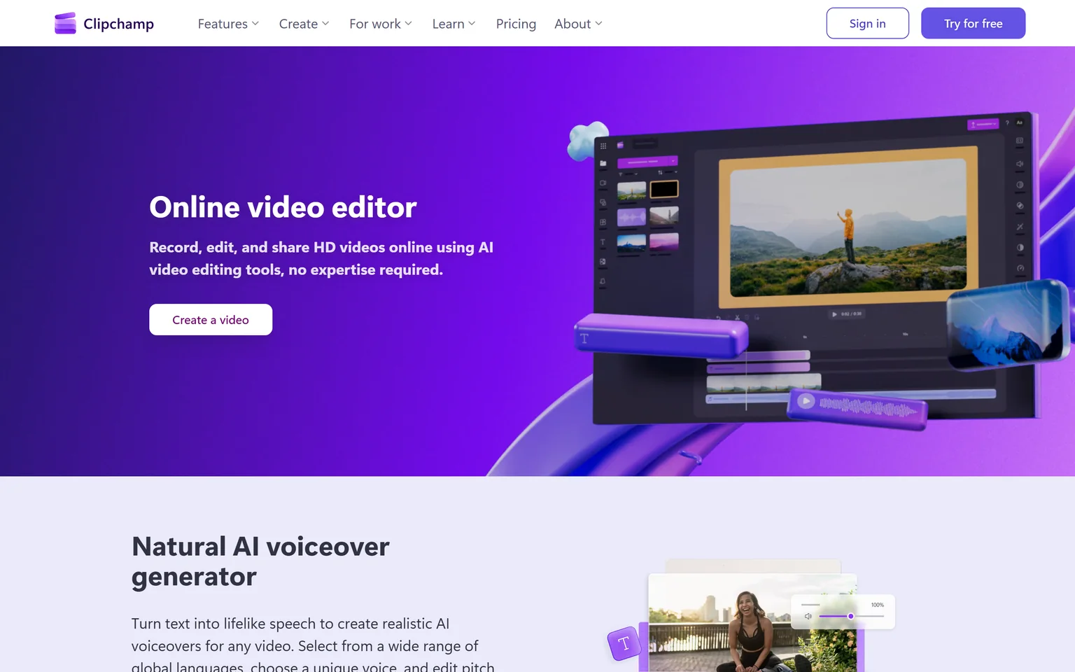 Clipchamp homepage with the headline Online video editor