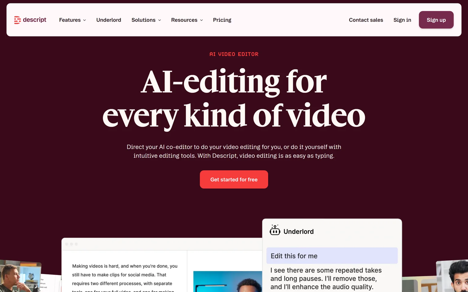 Descript homepage with the headline AI-editing for every kind of video