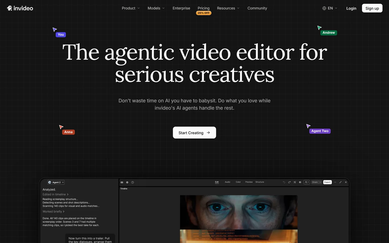 InVideo homepage with the headline The agentic video editor for serious creatives